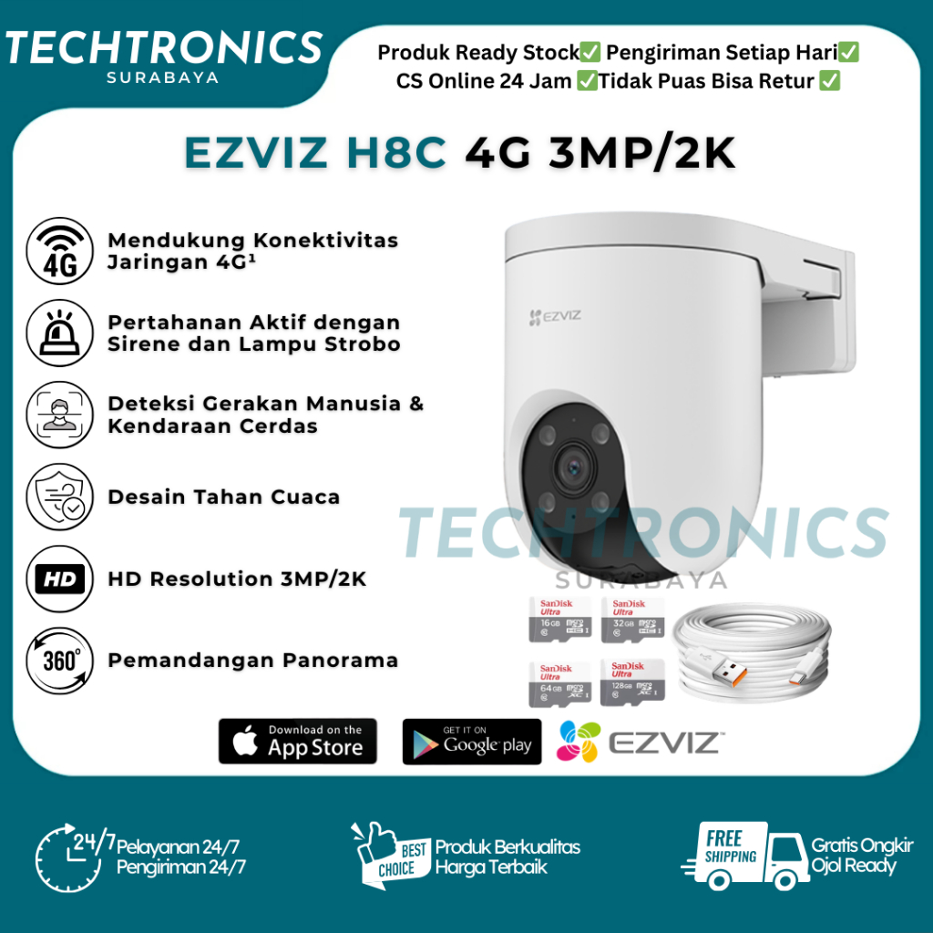 CCTV EZVIZ H8C 4G 3MP/2K Outdoor Indoor Smart IP Camera Tanpa Wifi Pakai Sim Card Kartu Seluler All 