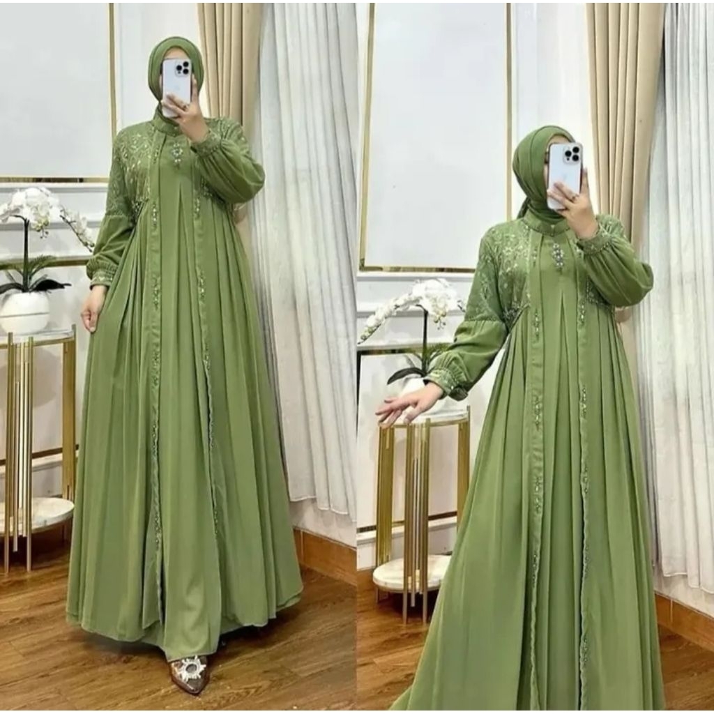 gamis fashion muslim warna ungu model sekarang / baju untuk lebaran simpel Luniar brukat Payet Ukura