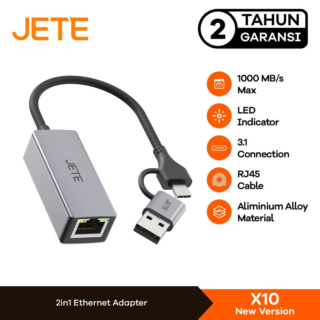 Converter JETE X10 (NEW VERSION) Adapter Ethernet Convert HUB Port 2 in 1 USB Type C to RJ45 LAN Ada