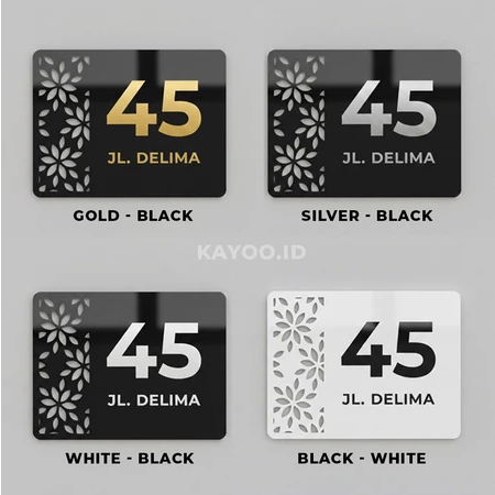 Plat Nomor Rumah 45 Jl. Delima Desain Motif Bunga Pilihan Warna Gold, Silver, Putih, Hitam