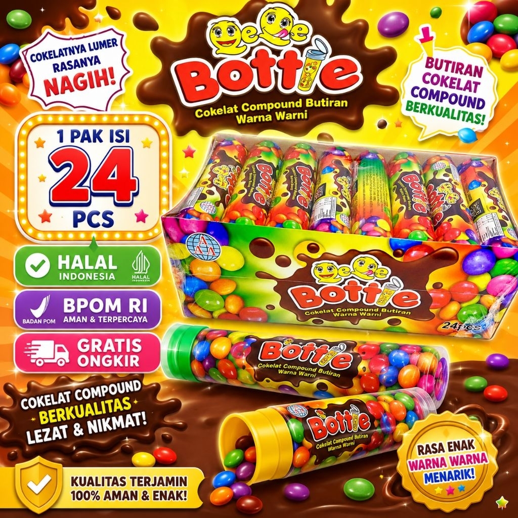 QEQE BOTTLE COKELAT COMPOUND BUTIRAN WARNA WARNI 1 PACK ISI 24 PCS