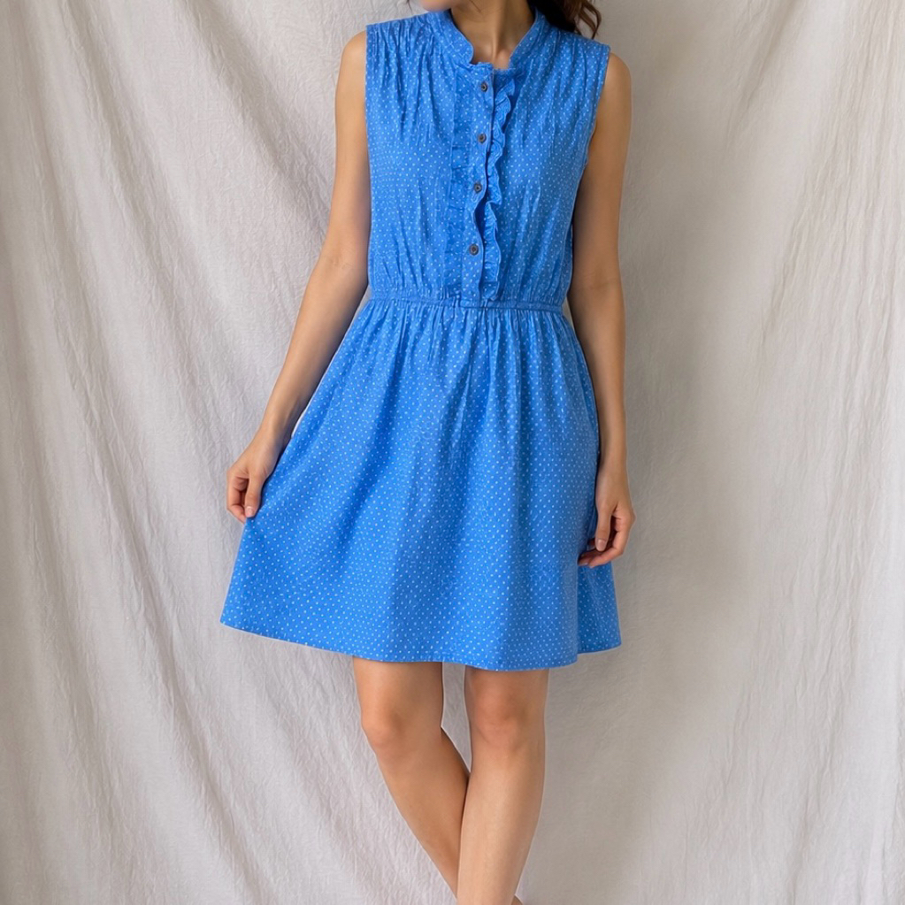 Preloved Dress Biru Polkadot Tanpa Lengan | Midi Dress Ruffle Wanita Casual | LD 90