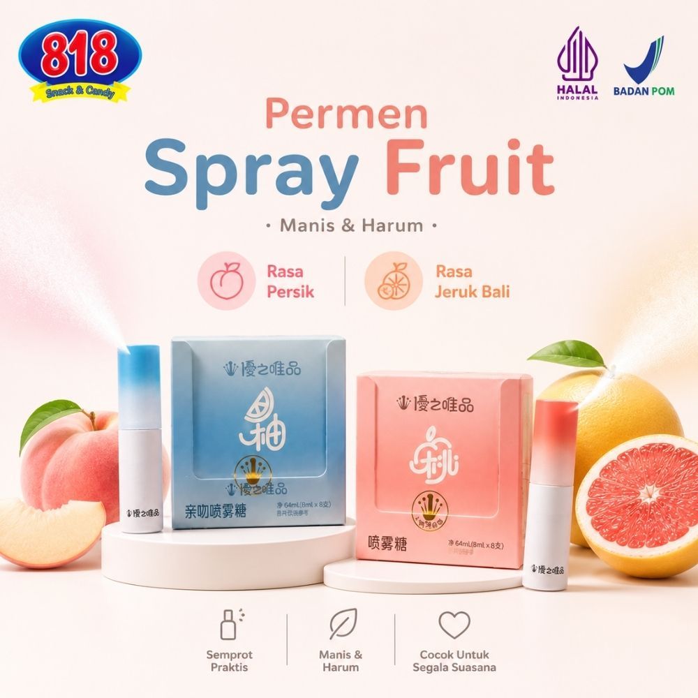 Spray Fruit Candy Permen Semprot Cium Rasa Persik Jeruk Bali Premium Halal BPOM Aroma Buah Menyegark