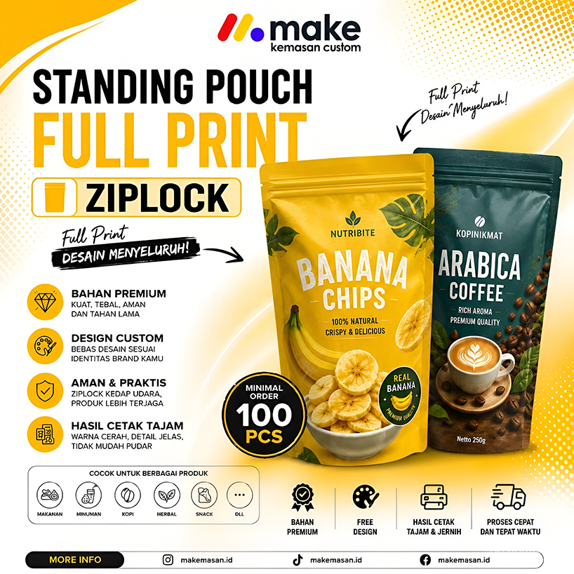 CETAK 100 PCS - STANDING POUCH CUSTOM PAKAI ZIPLOCK/ZIPPER KEMASAN MAKANAN PRINTING BUNGKUSAN PLASTI