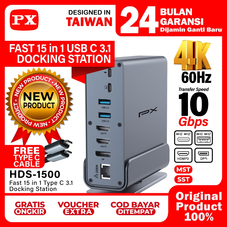 USB Hub Type C 3.1 Docking Station Dual HDMI DP 15 In 1 PX HDS-1500