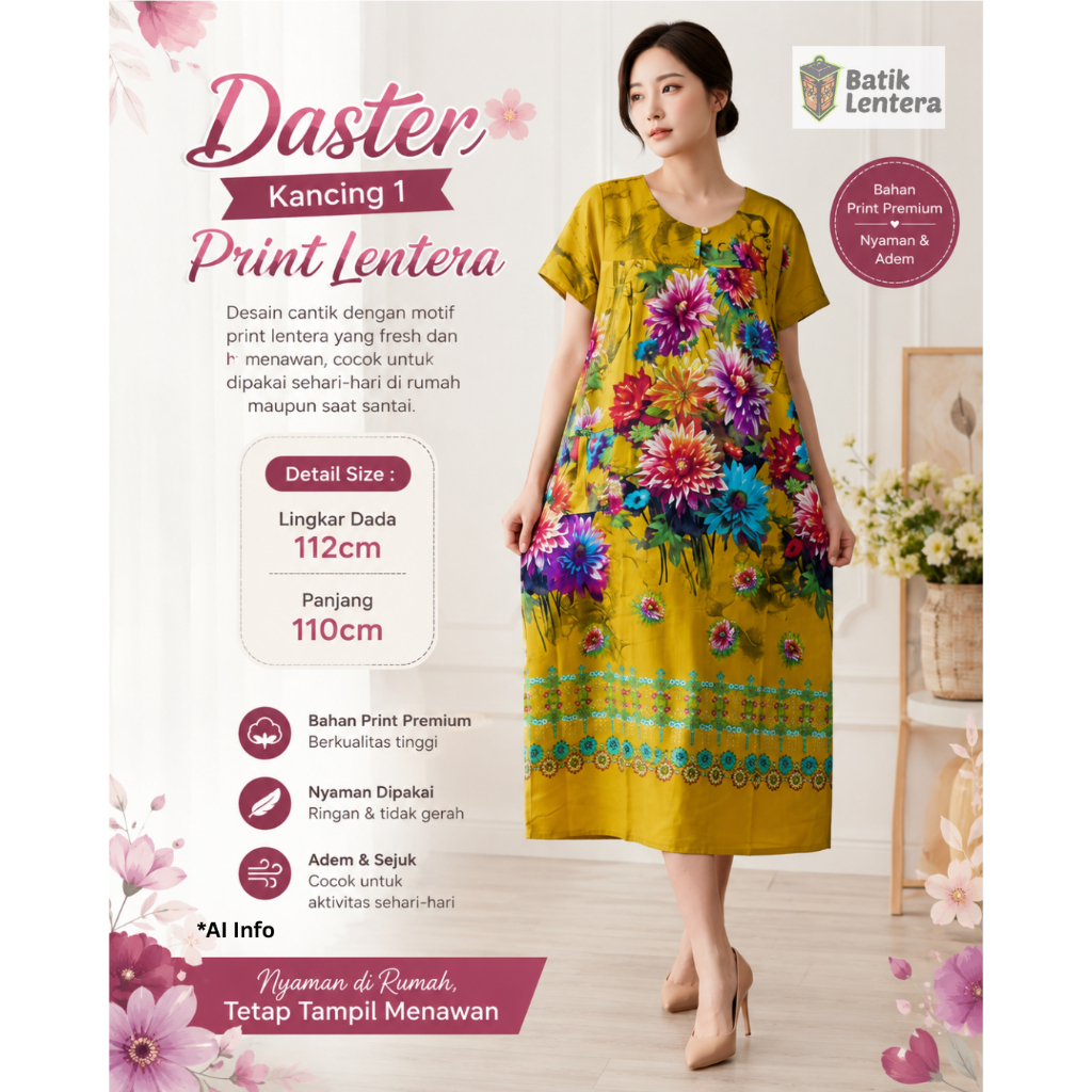 Baju Tidur Daster Batik Lentera Hitam Busui Kancing 1 Motif Bunga Sunan Terbaru Print Premium Kekini