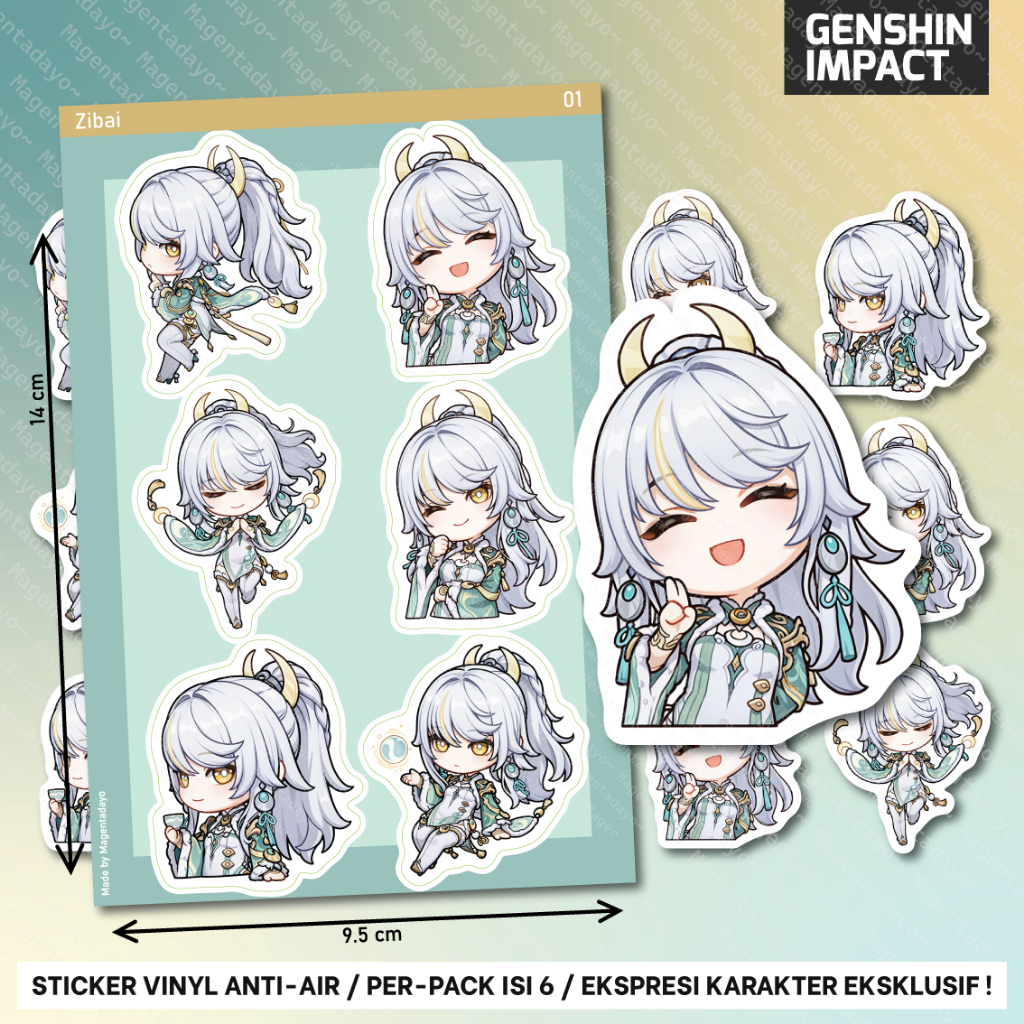 Stiker Set isi 6 Zibai Genshin Impact Ekspresi Karakter Eksklusif Vinyl Waterproof