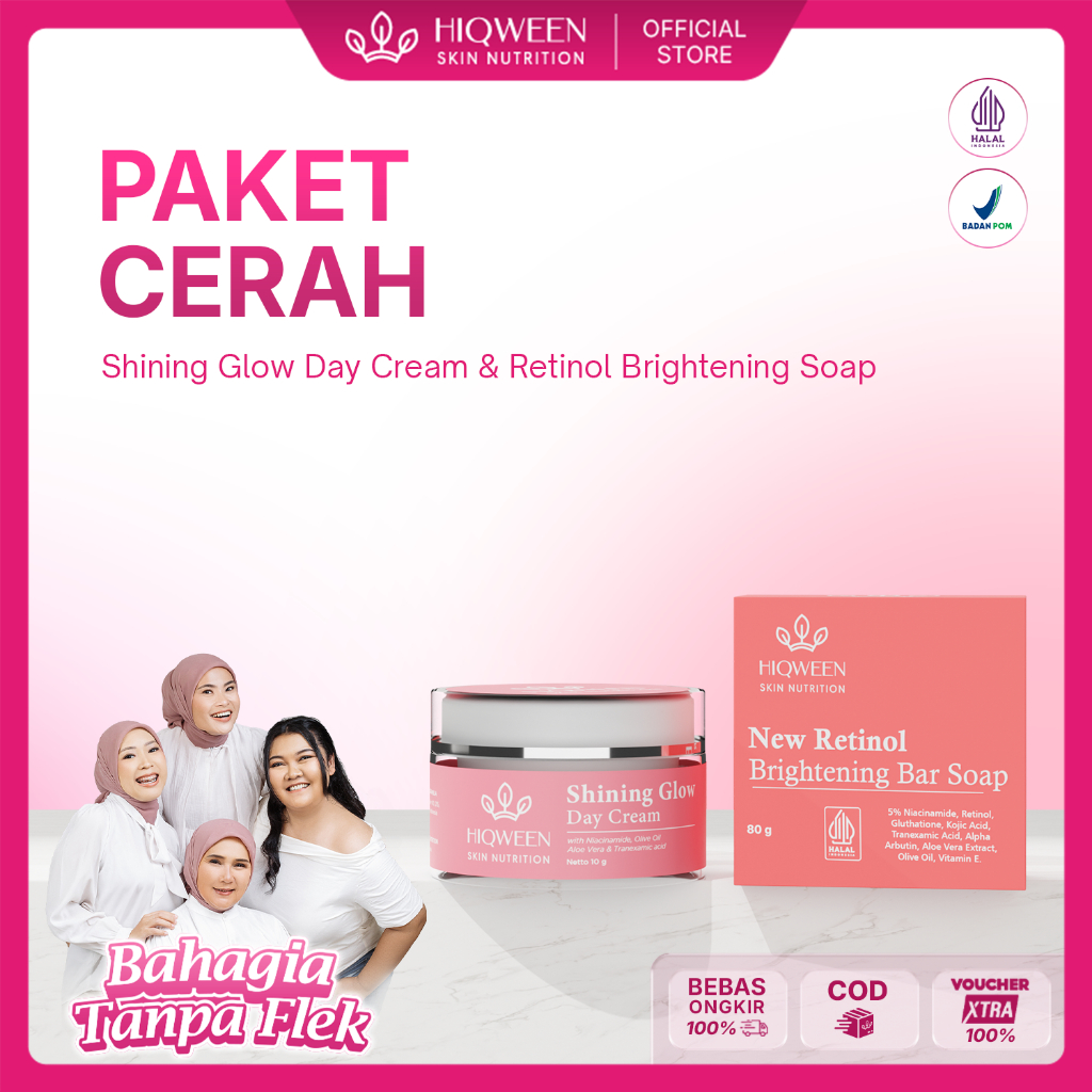 HIQWEEN SABUN RETINOL + SHINING GLOW DAY CREAM Krim Siang Malam Niacinamide Mencerahkan Flek Melasma