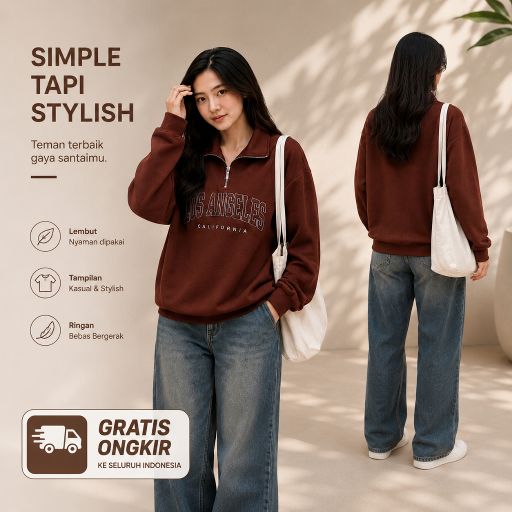 Los Angeles Rugby Oversize Sweater Half Zipper Atasan Wanita Pria