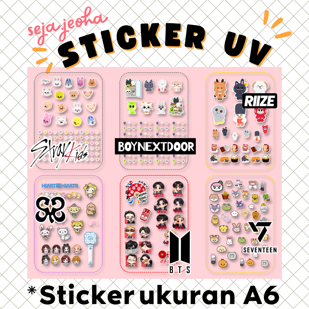 Sticker UV Karakter K-Pop Ukuran A6 Motif Kucing, Anime, BTS, Stray Kids, RIIZE, Seventeen, heart2he