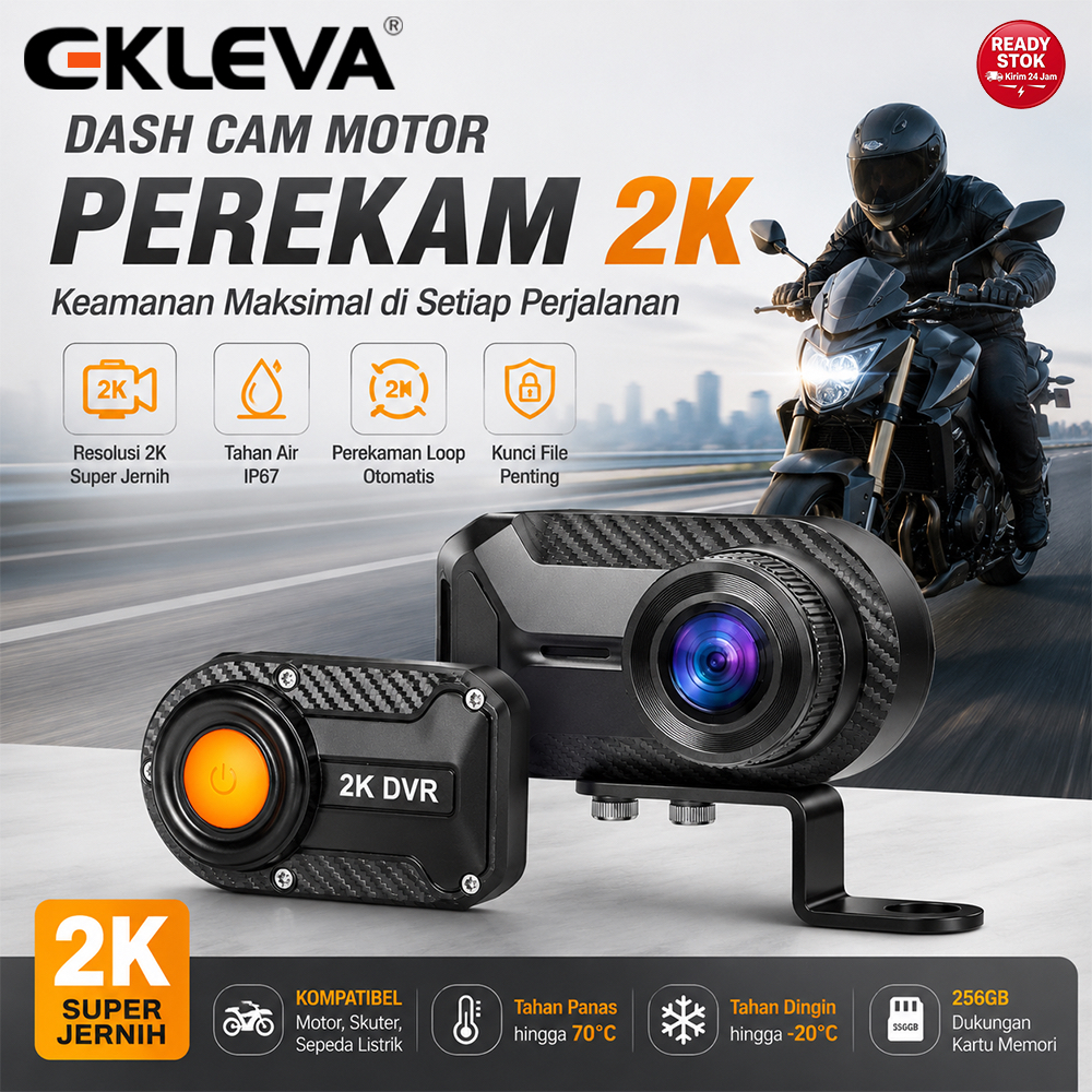 EKLEVA Dash Cam 2K 30fps DVR Sepeda Motor Anti Guncang Outdoor