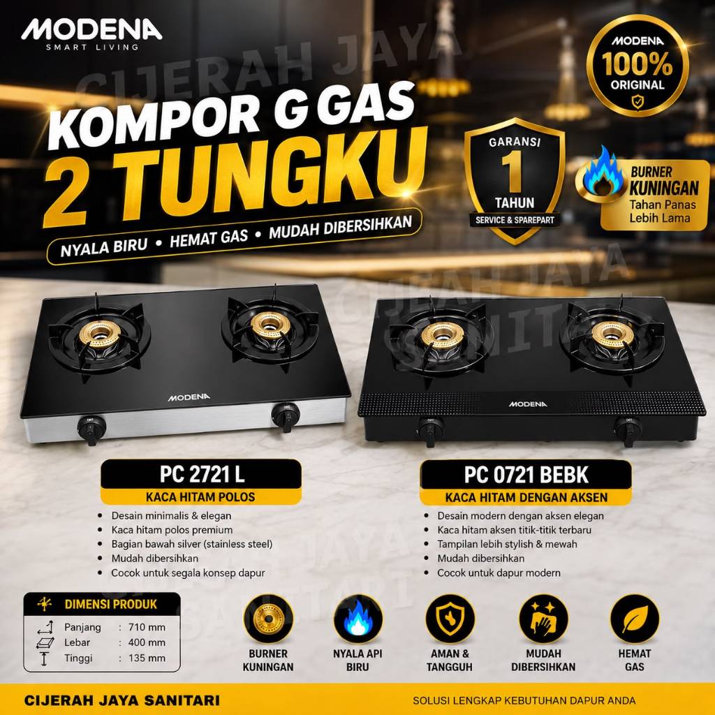 MODENA KOMPOR GAS PORTABLE 2721 L / KOMPOR KACA MODENA 2 TUNGKU PC2721 L/LD/LM PC 2721