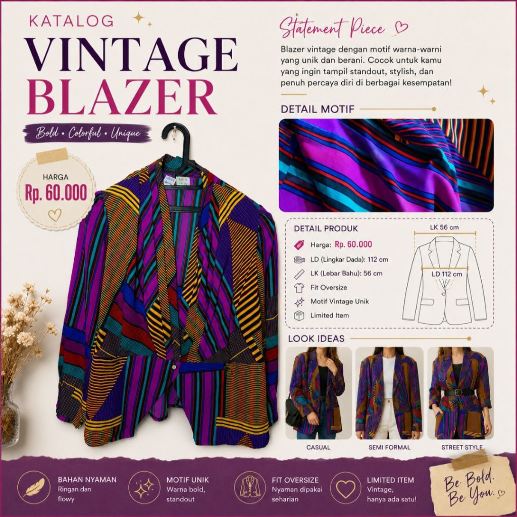 Blazer Kancing Wanita Motif Garis-Garis