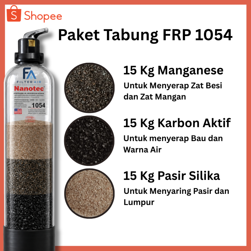 Tabung Media Filter Paket Tabung Media Filter Air FRP 1054 dengan 3 Jenis Media untuk Air Kuning dan