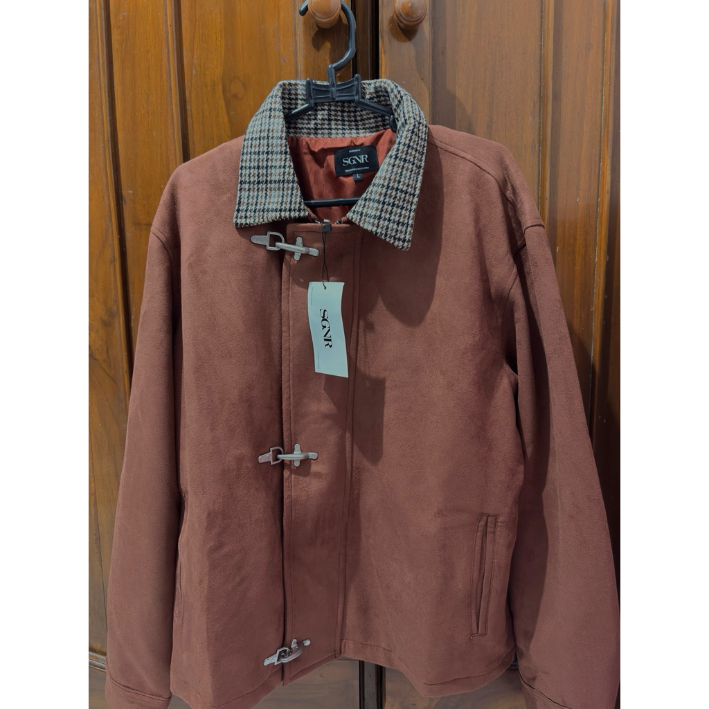SIGNORE Suede Clasp Jacket Mix Flannel Burnt Brown Size L Like New Tag On