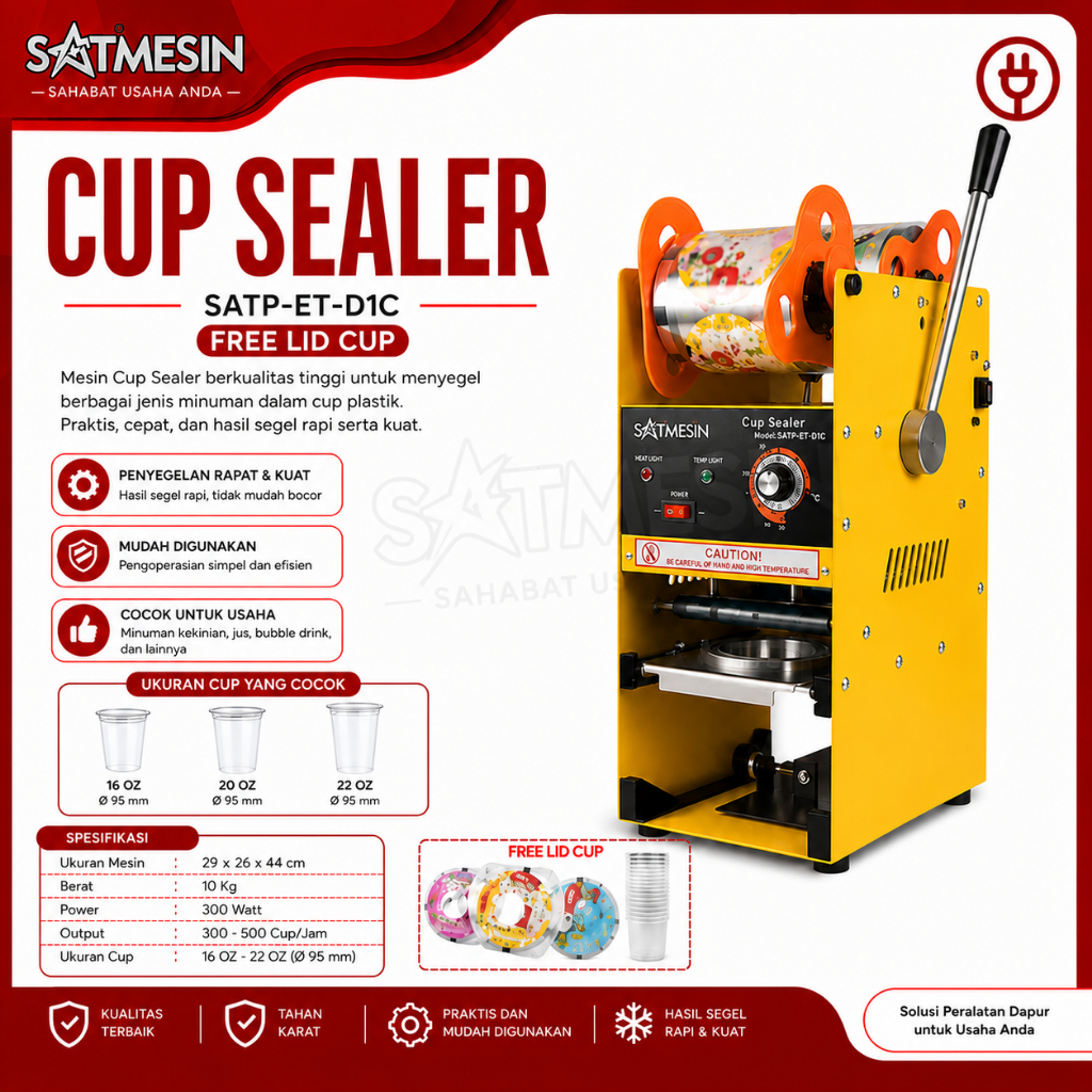 Satmesin Cup Sealer SATP-ET-D1C Mesin Press Gelas Plastik Sampai 22 Oz Free Lid Cup 300W Mesin Segel