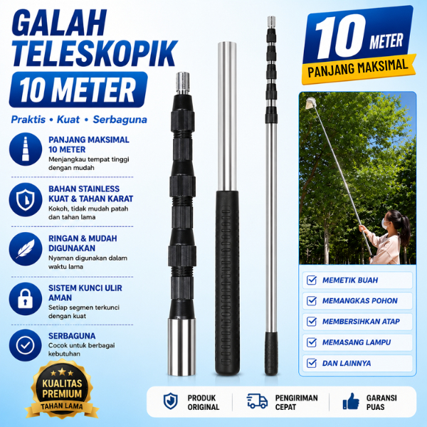 Galah Tongkat Teleskopik 10 Meter Stainless Steel Alat Petik Buah Tinggi