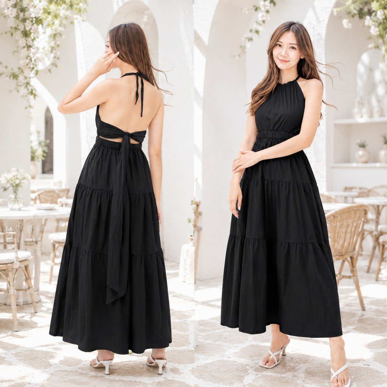 Miami Long Dress Backless Bow/ Dress Pantai Panjang Backless Pita Belakang / Baju Dress Maxi Ruffle