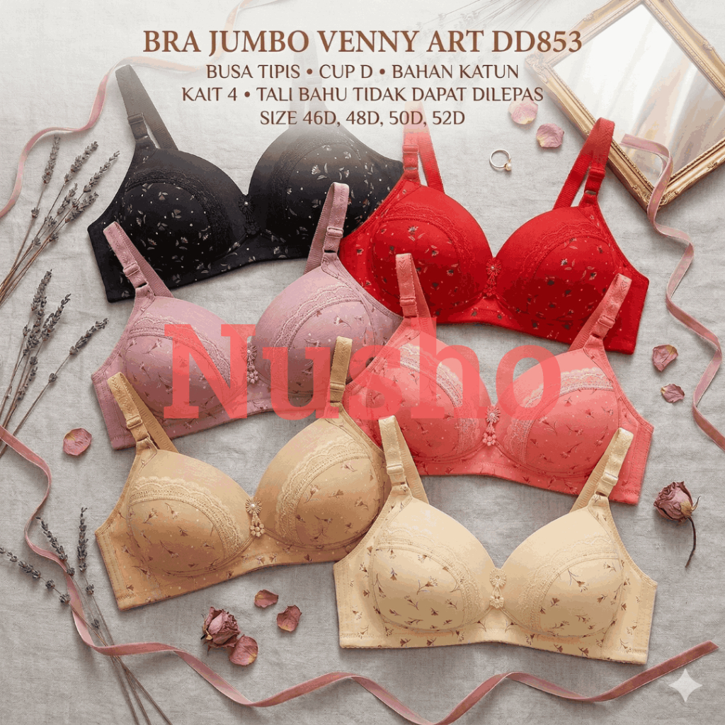 VENNY ART Bra BH Wanita DD853 Cup D Busa Tanpa Kawat 6 Bahan Katun Motif Bunga Warna 46-52 1 Pcs