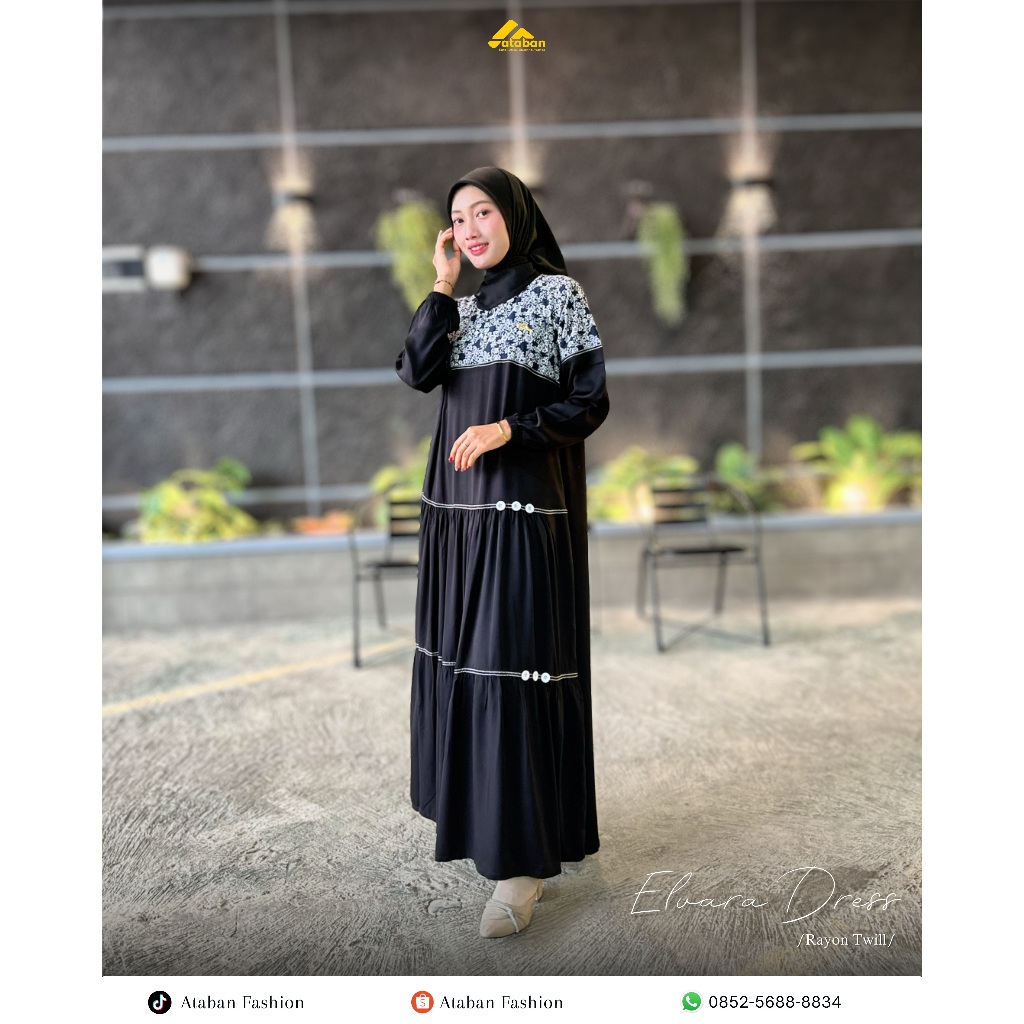 Ataban Fashion - Gamis Elvara Series - Gamis Rayon Polos Mix Rayon Motif - Gamis Rayon- Hitam 043 - 