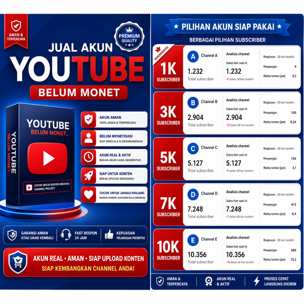 Jual Akun YouTube Belum Monet 1K-10K Subscriber, Akun Real, Siap Upload Konten, Premium Quality