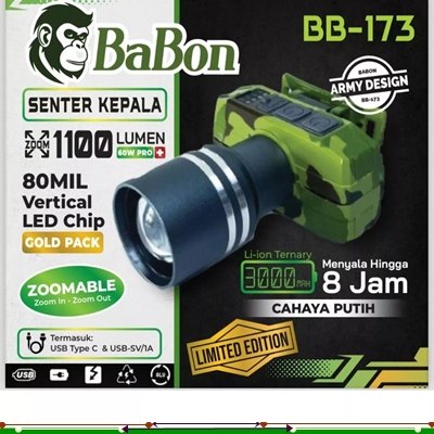 Senter Kepala Zoom 60 Watt Loreng Army Babon BB-173 ARMY Cahaya Putih / Kuning Super Terang Tahan 8-