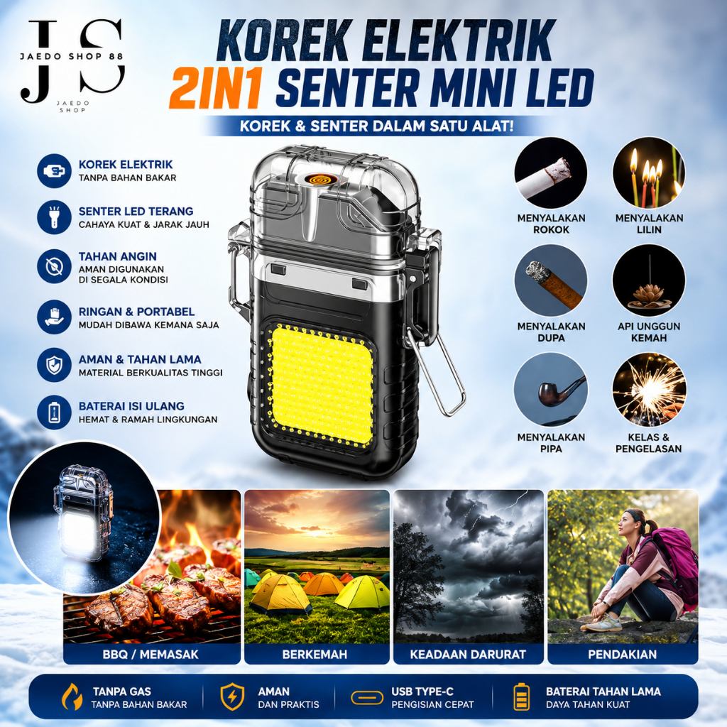 USB Elektrik  Type C LED 3 Mode Lampu Senter Mini Tahan Air Pemantik Rokok Anti Angin Untuk Camping 