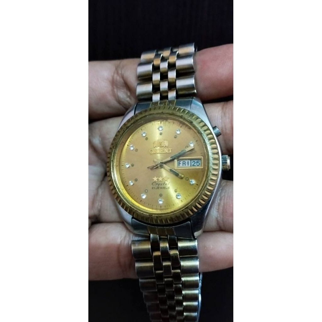 Jam Tangan Orient Crystal Tri Star 21 Jewels Gold Dial / President Style Fluted Date