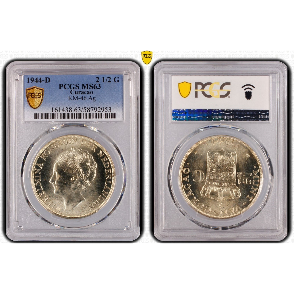 Koin Perak 2,5 Gulden Wilhelmina Curacao 1944D PCGS MS63