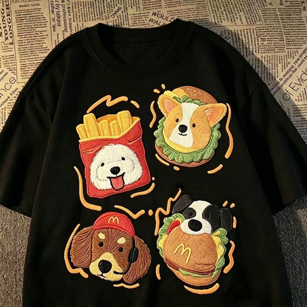 Kaos dan Kaos Polo empat jenis anjing lucu terbungkus roti burger kentang goreng bordir kolase di da