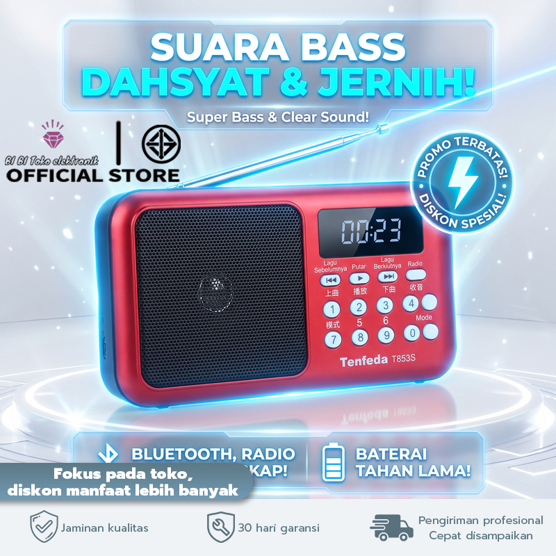 Radio FM Bluetooth T853S Speaker Portable Asli Awet Bass Kencang LED Display MP3