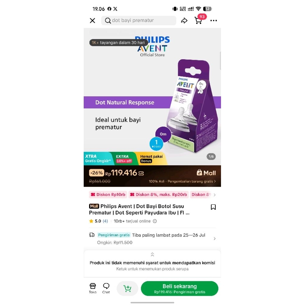 Phillips event dot bayi botol susu prematur