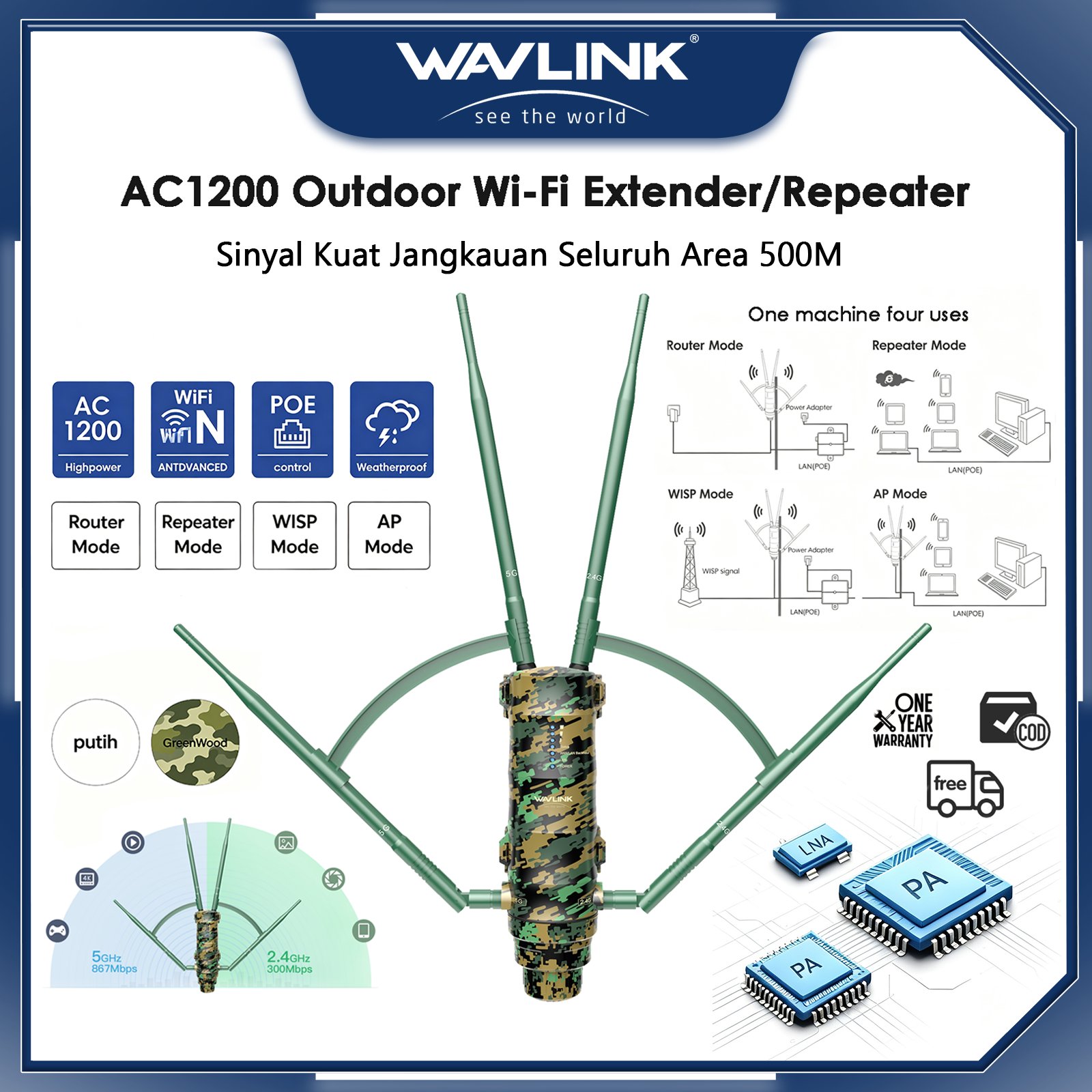 Wavlink AC1200 Outdoor Wi-Fi Extender/Repeater AC1200, 500M, GreenWood, Weatherproof, Easy Mesh Exte
