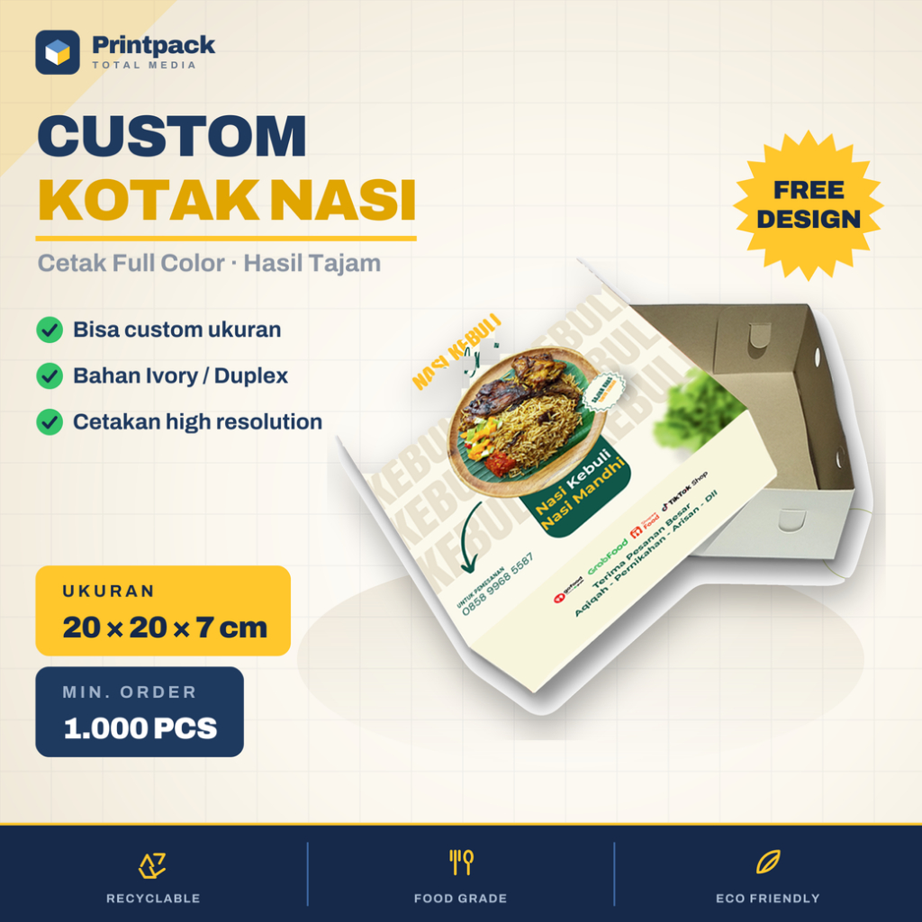 Kotak Nasi Custom uk. 20 x 20 x 7 cm (tutup pisah)/ Cetak Dus Nasi Kotak Full Color