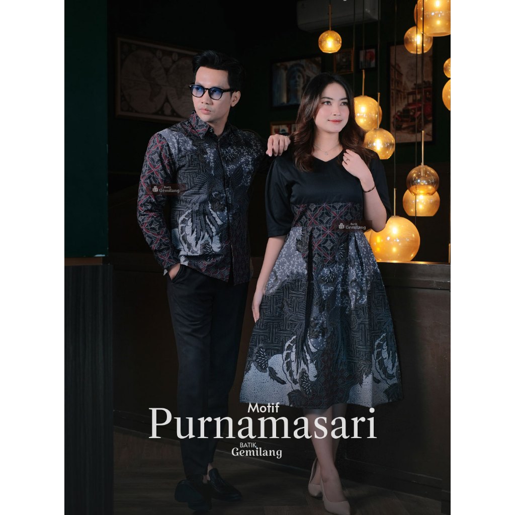 Batik Couple Hitam Elegan Pria Wanita Kemeja Dress Premium Formal Lamaran Kondangan Mewah Seragam Mo