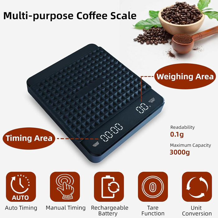 Timbangan Kopi 3 Kg Premium 2 Sumber Daya AAA x 2 Tipe C Rechargeable Tatakan Silikon