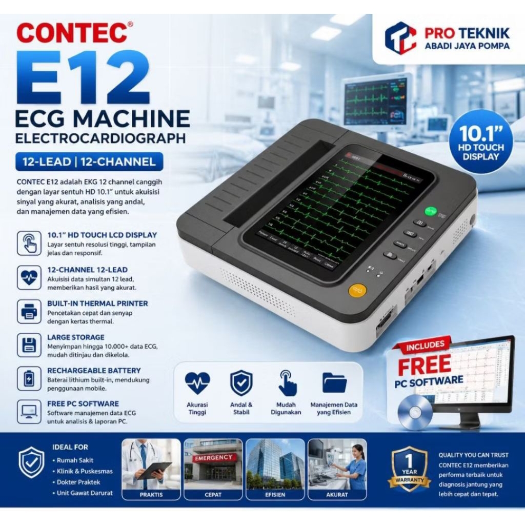 CONTEC E12 ECG Machine Electrocardiograph 10.1'' HD Touch LCD Display Portable 12 channel 12-lead In