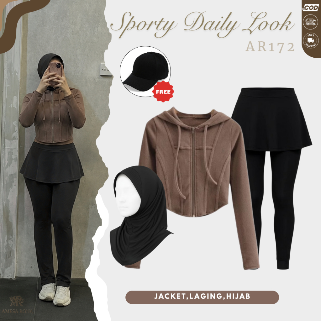 Setelan Olahraga 3in1 Padel/Lari/Tennis Wanita Hijab (Hoodie + Legging + Jilbab) Outfit Wanita AR172