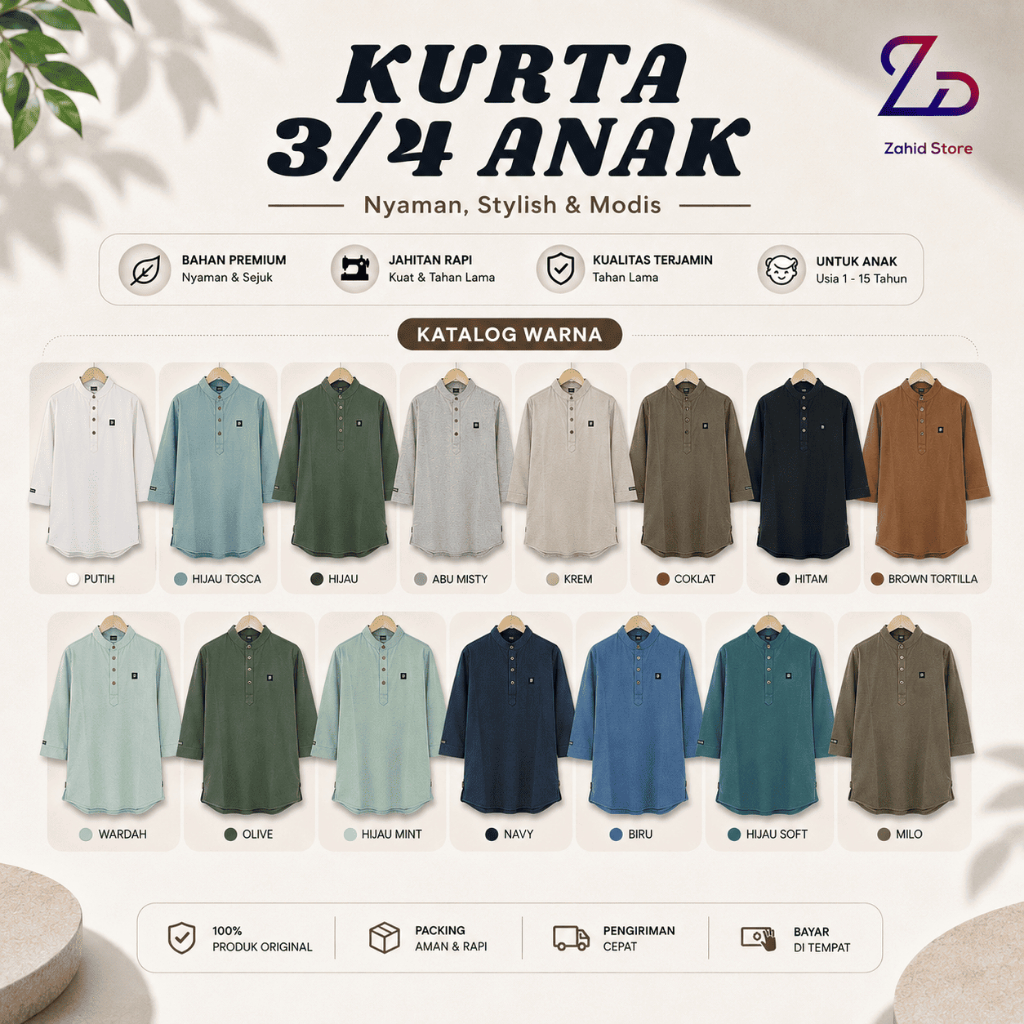 Zahid store | Kurta Anak Lengan Panjang 3/4 Bahan LACOST CVC 24s | MUMAYIZ