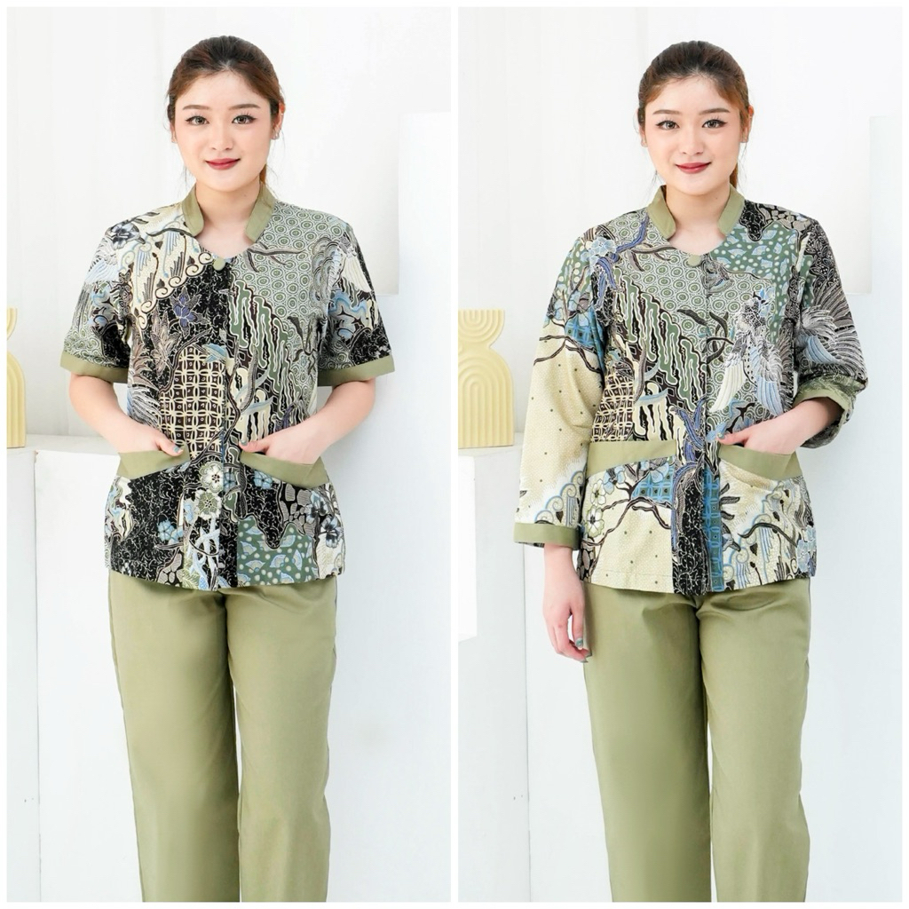 FIONA Fern Olive batik Seragam Suster Nanny Uniform/ Baju batik/ seragam batik/ spa hotel uniform