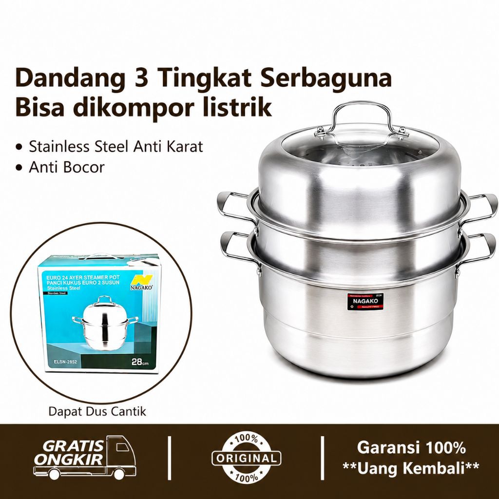 Steamer Stainless Steel 3 Tingkat Nagako Tutup Kaca Panci Kukus Serbaguna