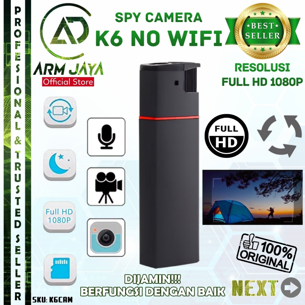 ARMJAYA K6 Spy Camera Kamera Korek FullHD 1080P Mini Camera No WiFi Portable Rekam Video Berkualitas