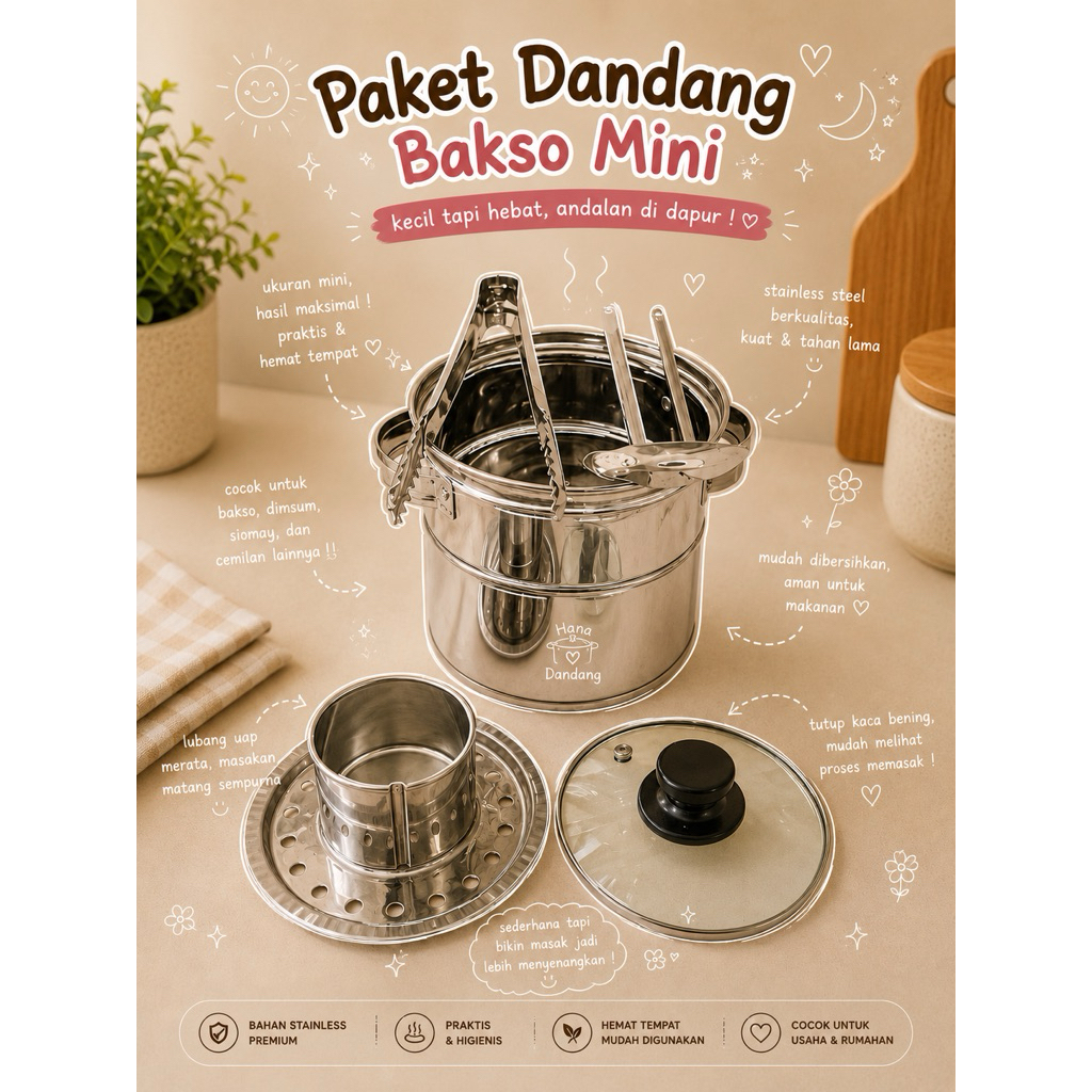 Dandang Bakso / Panci Kukusan Bakso / Panci Bakso Mini Tutup Kaca Size 16 cm Free Centong Capitan