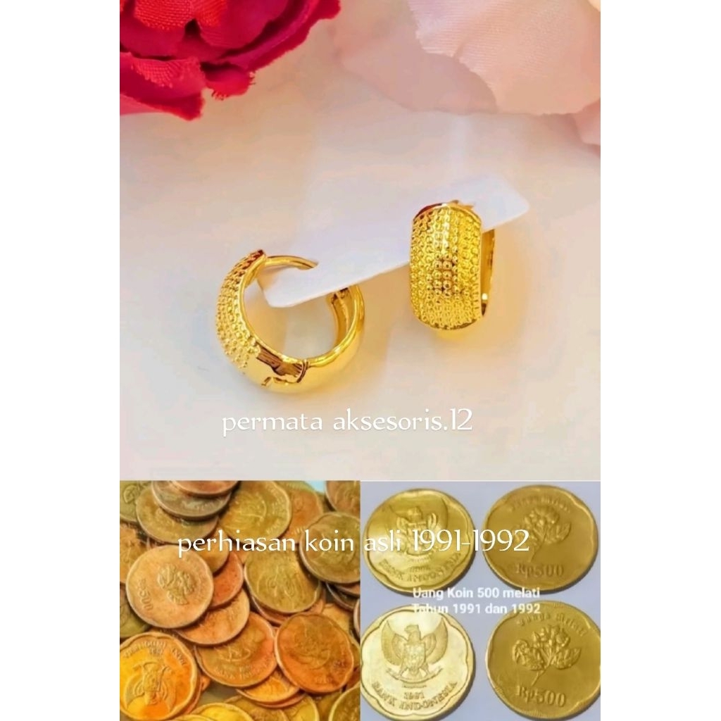 Anting koin asli 1991-1992 anting koin motif ukir warna emas anti luntur & karat