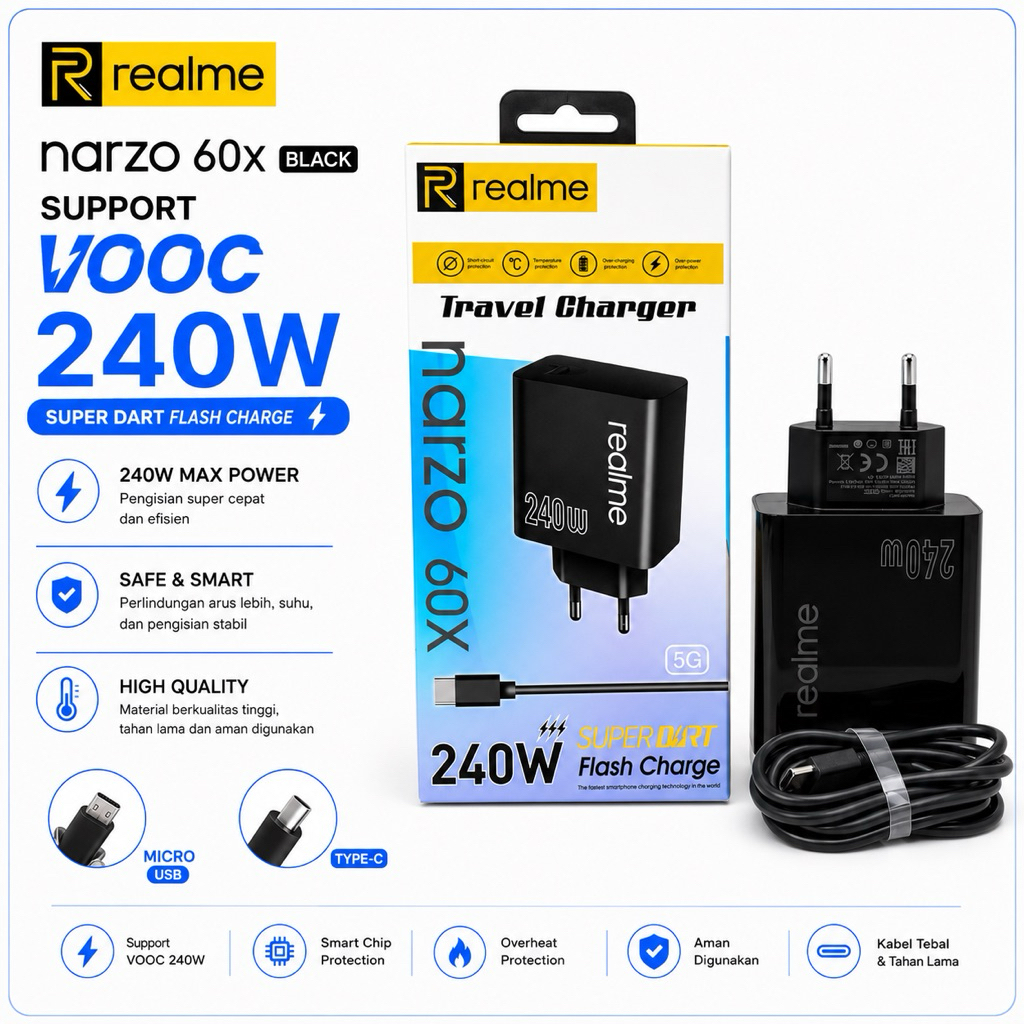 Charger Realme Narzo 60x 240W Support Vooc Pengisian Fast Charging & Vooc