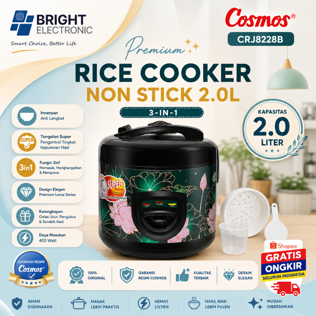 COSMOS RICE COOKER NON STICK CRJ8228B 2L/CRJ-8228B/CRJ-8228-B/CRJ-8228/CRJ 8228/ORIGINAL BERGARANSI