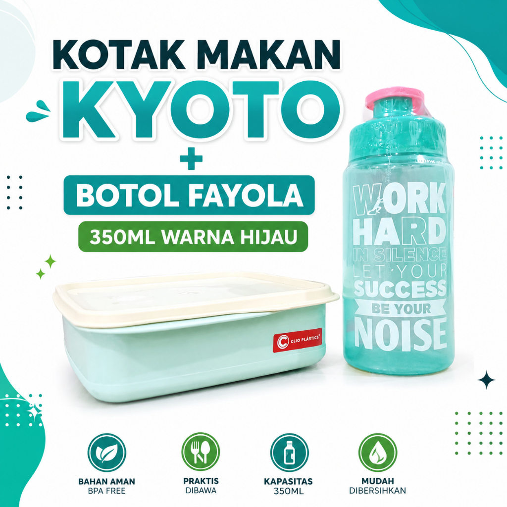 PROMO GILA  Tempat Makan Clio Kyoto Lunch Box Kotak +BOTOL MINUM PLASTIK / BOTOL MINUM 350 ML by fae