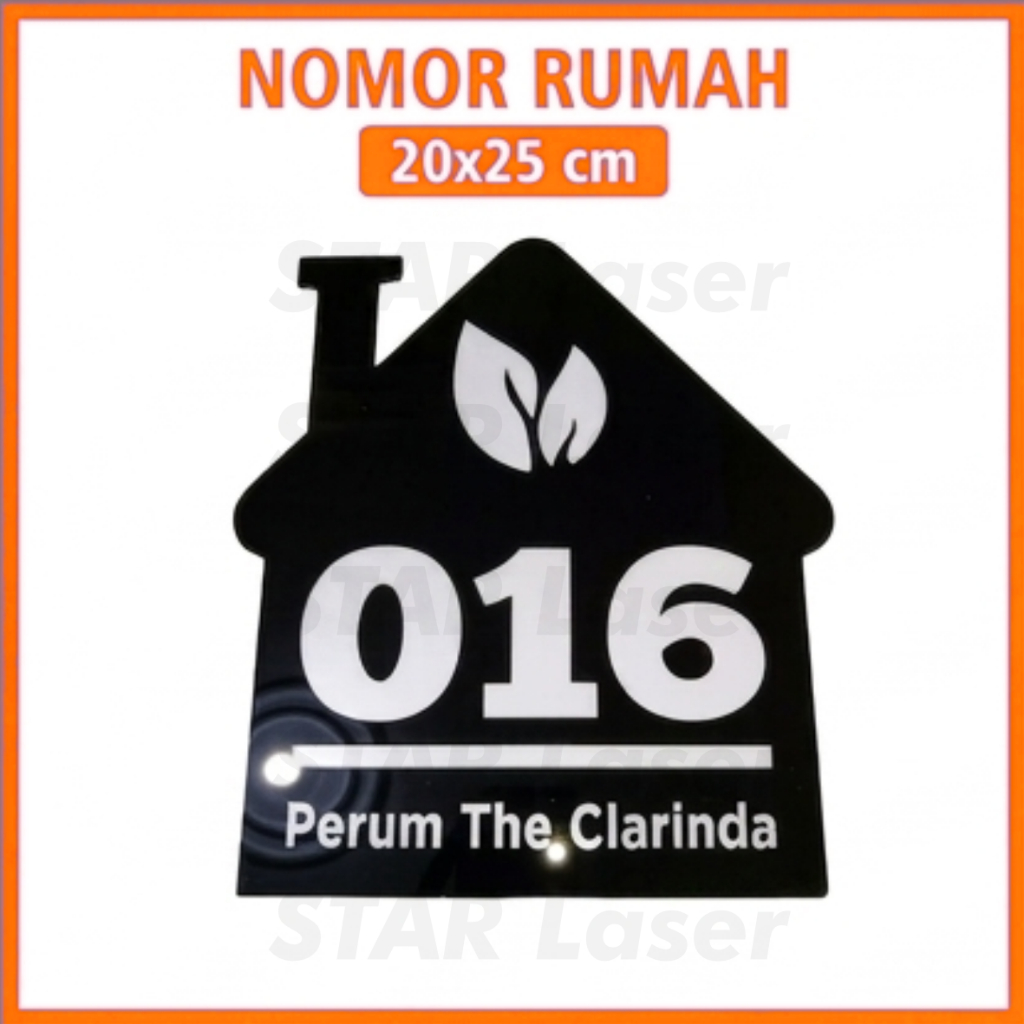 NOMOR RUMAH AKRILIK TEMPEL model bentuk rumah uk. 20x25 cm | Papan No Rumah Acrylic Murah