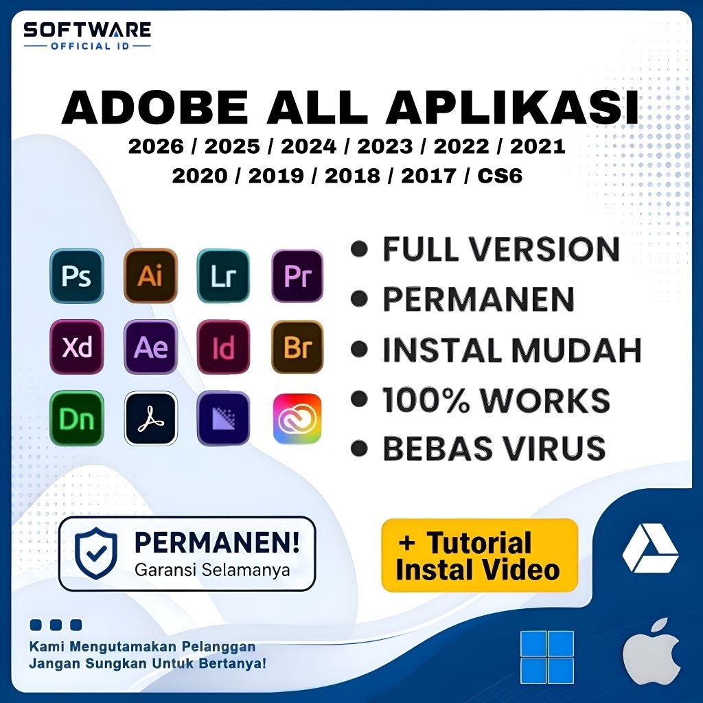 Adobe All Aplikasi ( Photoshop, Illustrator, InDesign, After Effect, Premiere Pro, Acrobat DC Pro, M