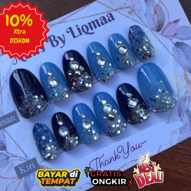 KUKU PALSU NAVY PERMATA / KUKU PALSU WEDDING / FAKE NAIL ART